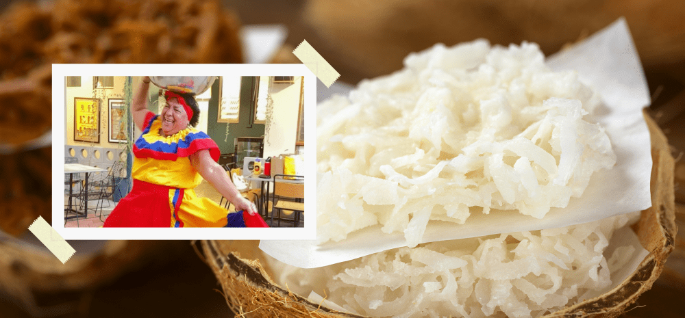 Image of dessert in the background with men dressed in Colombian yellow, red and blue dress. 