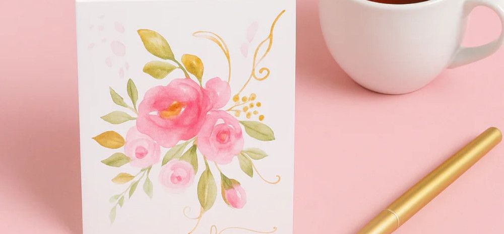 Card with water colour on the front, a pen and cup of tea.