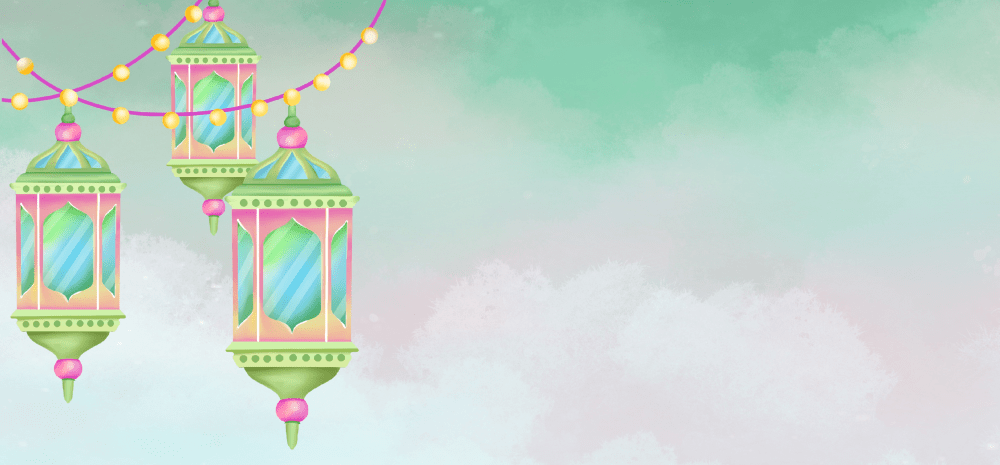 Colourful Ramadan lanterns hanging over a cloudy sky background.