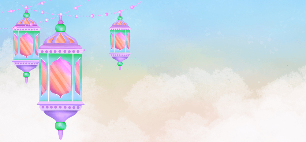 Colourful Ramadan lanterns hanging over a cloudy sky background.
