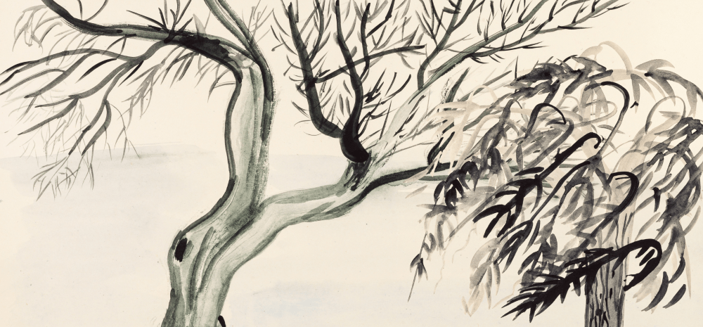 Black ink painting of trees.