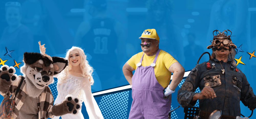 Four adults dressed in cosplay costumes