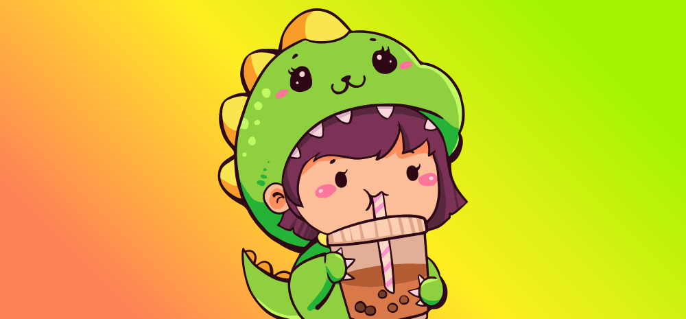 A bright chibi style illustration shows a cartoon character in a green dinosaur hoodie sipping bubble tea. 