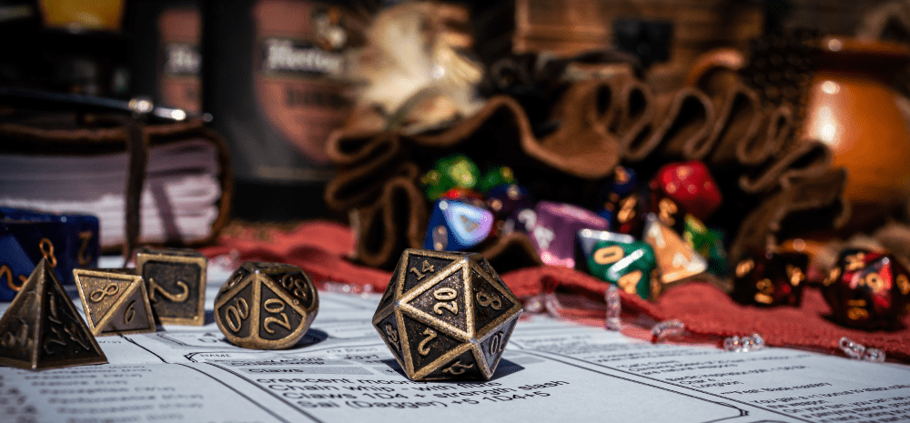 A tabletop role playing game setup with several multisided dice. 