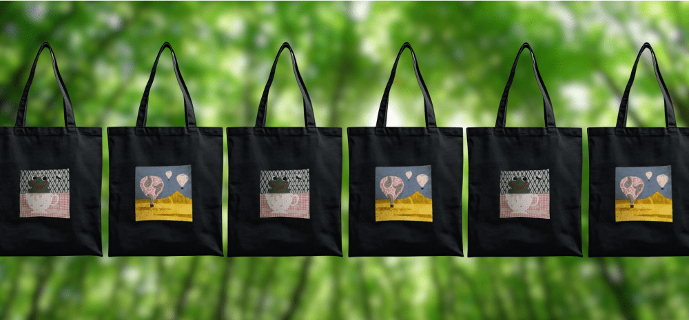 Tote bags with handmade illustrations on the side.