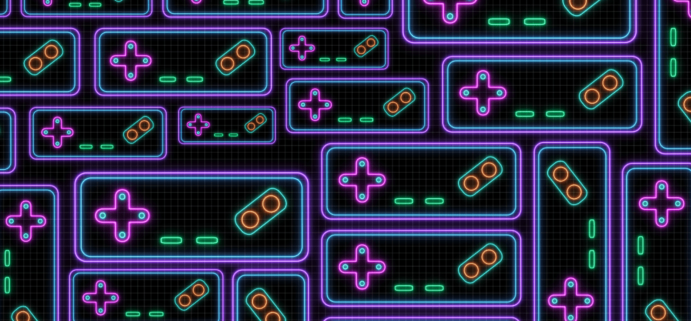 Neon retro game controller pattern on dark grid background.