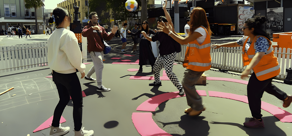 People engage in a street‑based outdoor game, tossing a colorful beach ball across a painted play area in a public urban space.