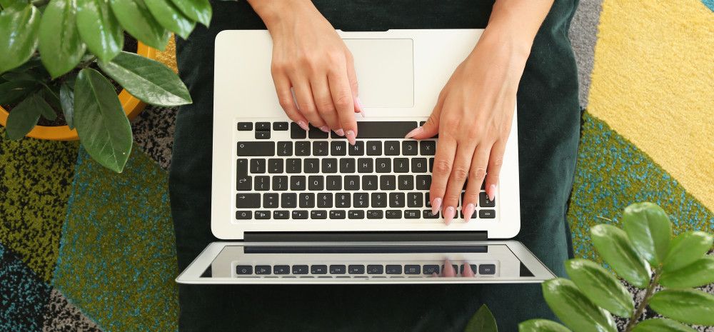 Shot from above of person using a laptop with plants on either side.