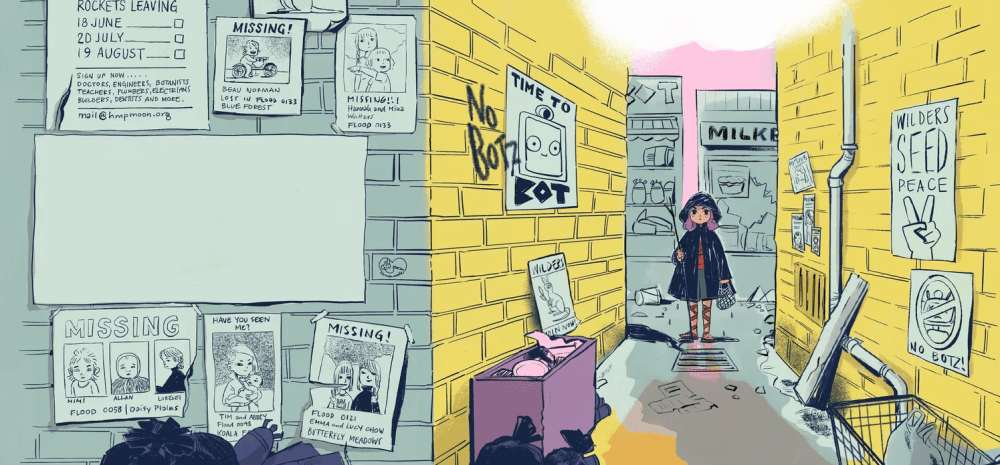 Drawing of a girl standing in an empty alley full of rubbish bags and old posters.
