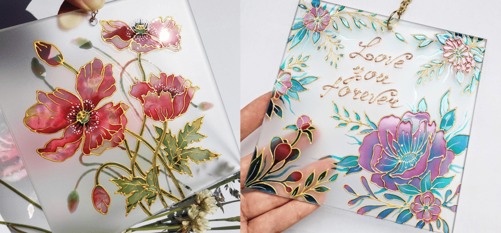 Two decorative glass art panels featuring intricate floral designs.