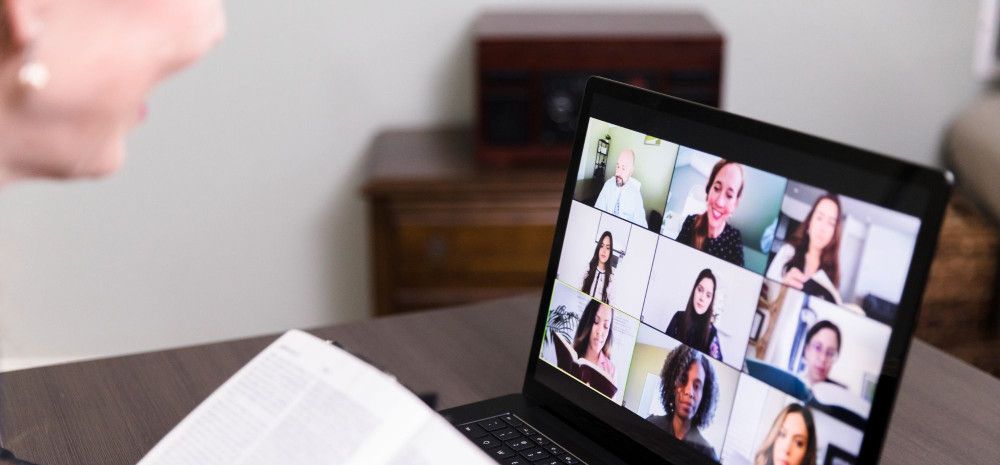 Person using laptop for online meeting.