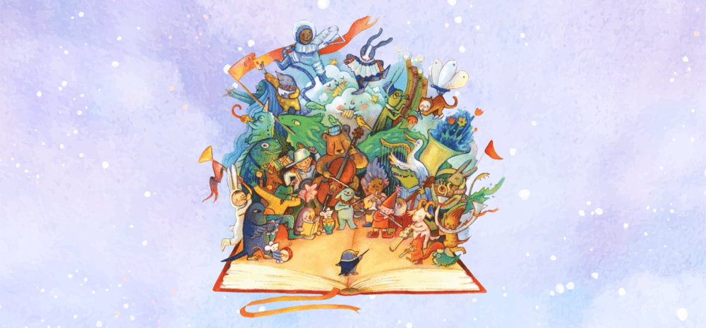 Illustration of cartoon animals playing musical instruments.