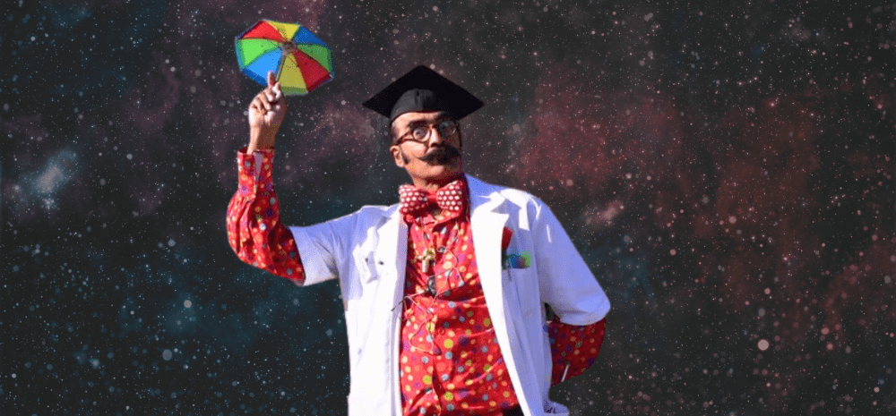 Professor Q on a starry background holding an umbrella. 