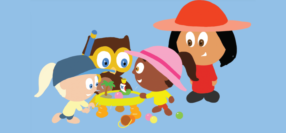 Three cartoon children playing with a small water feature, overseen by an adult. 