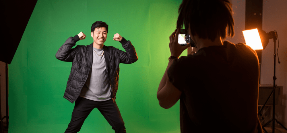 a photography or video production setup using a green screen backdrop