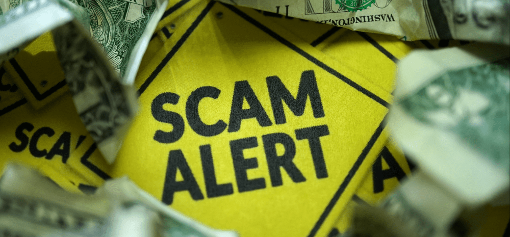 A bright yellow warning sign with words Scam alert surounded by dollar notes.