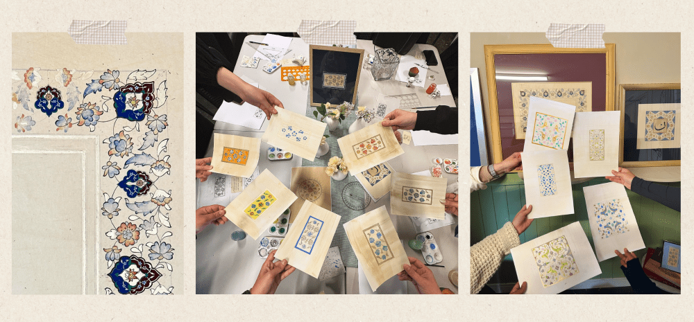 A group of women holding samples of tehzib artwork on paper above the table scattered with painting paraphernalia. 