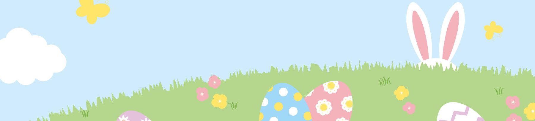 Illustration of green grass with Easter eggs and rabbit ears.