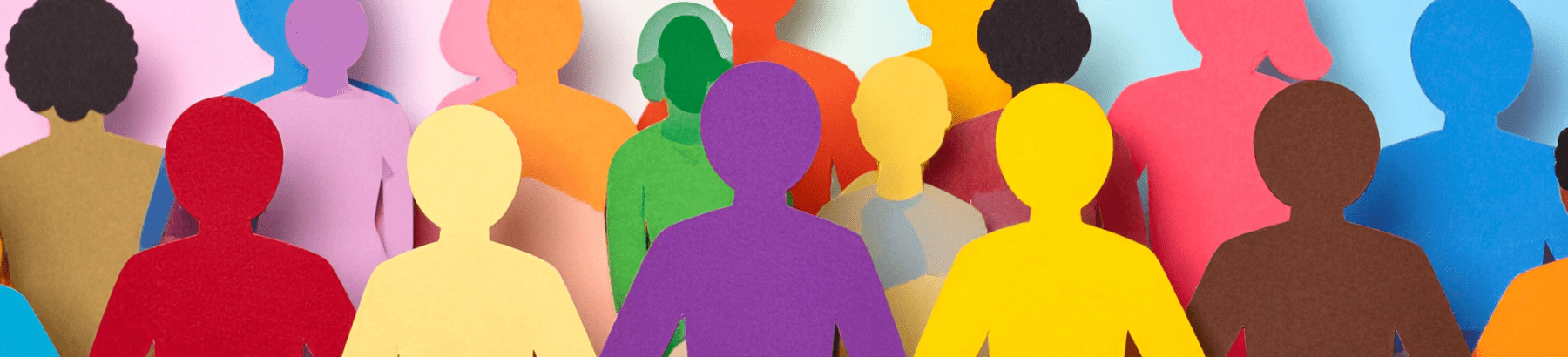 Brightly coloured abstract illustrations of people's heads representing diversity of culture