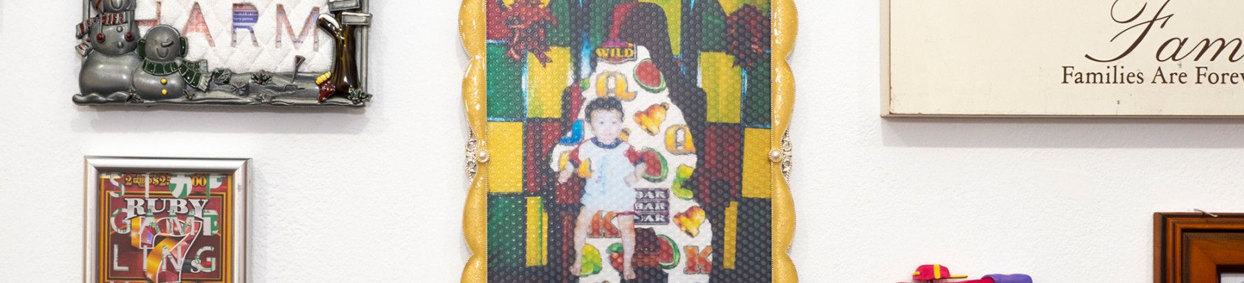 A collection of photos of people and texts, presented in colourful frames.