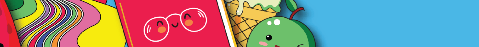 Cartoon images of a watermelon, book, ice cream and apple as characters