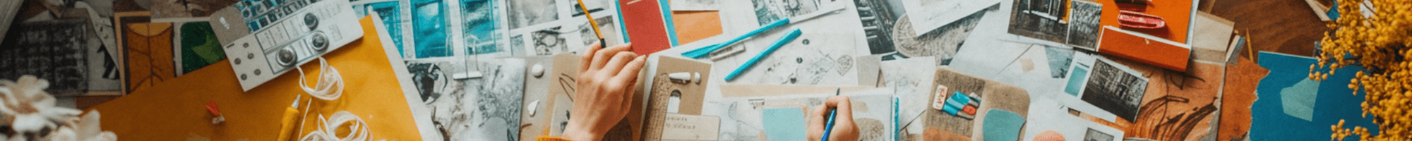 A person drawing with various notebooks and images scattered around