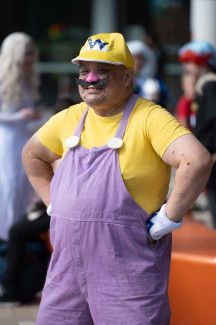 A person dressed as Wario from Mario Bros. 