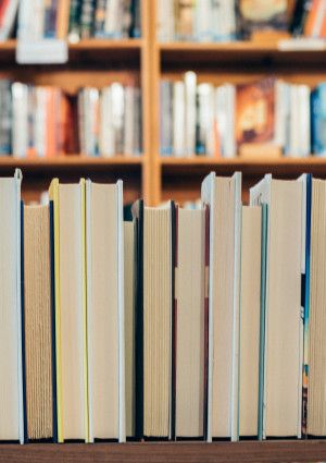 Books on shelves in a library.