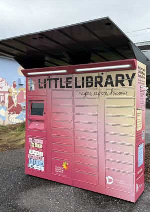 A set of brightly coloured lockers at Douglas Street, Noble Park with the words Little Library across the top.